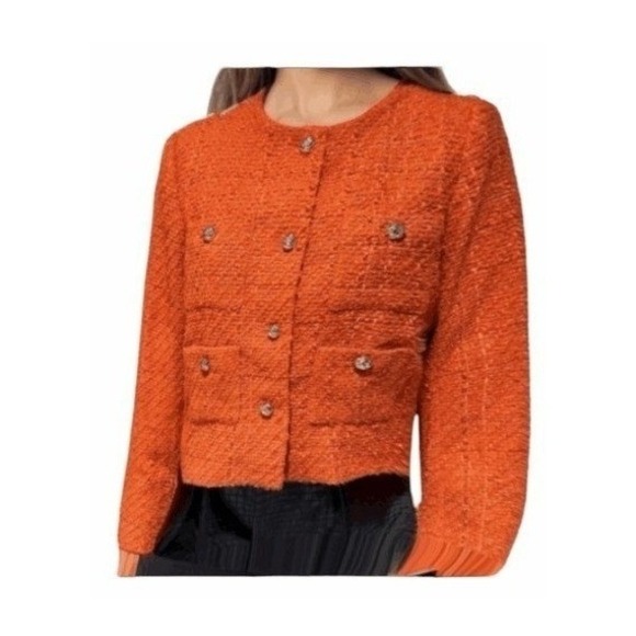 Rachel Zoe Jackets & Blazers - Rachel Zoe Orange Boucle Tweed Cropped Blazer Gold Basket Weave Button Front M